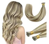 DOORES I Tip Hair Extensions Real Human Hair, Light Brown Highlighted Medium Blonde 14 Inch 50g 100s, Cold Fusion I Tip Beads Hair Extensions Lightweight
