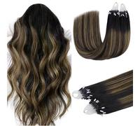 DOORES Micro Hair Extensions Real Human Hair, Natural Black Mixed Chestnut Brown 14 Inch 50g 50s, Cold Fusion Micro Beads Hair Extensions Lightweight