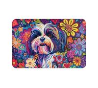Doormat 40X60Cm Shih Tzu Colorful Flower Welcome Mats Absorbent Dirt Trapper Mat Washable Door Mat For Eneryway, Patio, Office