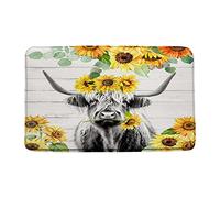 Doormats Farmhouse Highland Cow Sunflower Grey Rustic Bull Western Farm Wild Animal Barn Door Funny Heavy Duty Floormats Machine Washable Mat Absorbent For Indoor Kitchen Garage 40X60 CM