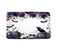 Doormats Spooky Halloween Skull Purple Flower Pumpkin Bird Bat Vine Plant Scary Horror Gothic Dead Day Flannel Mat Rug Washable Decoration Kitchen Rug, For Bathtub, Living Room, Bedroom, 40x60cm