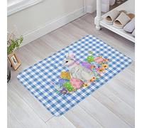 Doormats Spring Easter Cute Rabbit Eggs Blue Plaid Bath Mat Washable Non-Slip Welcome Doormat, For Bathroom, Shower, Garage, 40x60cm