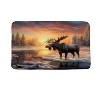 Doormats Winter Cabin Moose Wild Animal Deer Snowy Tree Sunset Rustic Farmhouse Nature Scene Christmas Heavy Duty Mat Absorbent Waterproof Floormats For Entry Kitchen Indoor 40X60 CM
