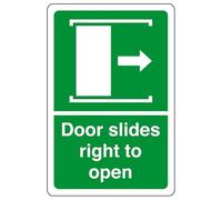 Doors slides right to open - safety sign, health & safety signage, workplace safety, High tack self-adhesive sticker (150mm x 100mm) Viewing Distance within 3m.