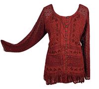Doorwaytofashion Ladies Full Sleeve Blouse Bohemian Top Tunic Embroidered Size 14,16,18,20,22,24,26 (Red, One Size 26/28)