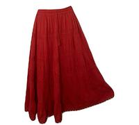 Doorwaytofashion Plus Size Cotton and Lace Maxi Lined Summer Skirt Boho Peasant Gypsy Festival Embroidered UK One Size 16 18 20 22 24 (Red)