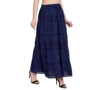 Doorwaytofashion Women Cotton Maxi Full Length Skirt Embroidered Boho Casual Festival Summer UK 10,12,14,16,18 Navy Blue
