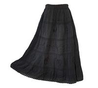 Doorwaytofashion Women Cotton Maxi Full Length Skirt Embroidered Boho Casual Festival Summer UK 10,12,14,16,18 Black