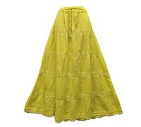 Doorwaytofashion Women Cotton Maxi Full Length Skirt Embroidered Boho Casual Festival Summer UK 10,12,14,16,18 Yellow