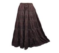 Doorwaytofashion Women Cotton Maxi Full Length Skirt Embroidered Boho Casual Festival Summer UK 10,12,14,16,18 Chocolate Brown