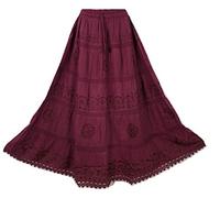 Doorwaytofashion Women Cotton Maxi Full Length Skirt Embroidered Boho Casual Festival Summer UK 10,12,14,16,18 Burgundy