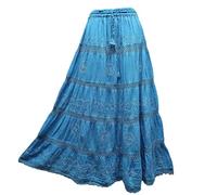 Doorwaytofashion Women Cotton Maxi Full Length Skirt Embroidered Boho Casual Festival Summer UK 10,12,14,16,18 (Turquoise)