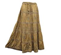 Doorwaytofashion Women Cotton Maxi Full Length Skirt Embroidered Boho Casual Festival Summer UK 10,12,14,16,18 Tan