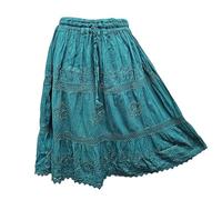 Doorwaytofashion Womens Knee Length Cotton Skirt Boho Festival Tiered Crochet Lace Embroidered Adjustable Waist Lined One Size 8 10 12 14 16 (UK, Alpha, One Size, Regular, Regular, Jade)