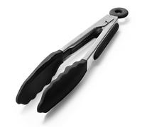 Doosu Kitchen Cooking Silicone Tongs，315℃ Heat Resistant Locking Tong with Non-Scratch Tipped, 18/8 Stainless Steel Heavy Duty Utensils for BBQ, Air Fryer, Serving Salad (18cm, Black)