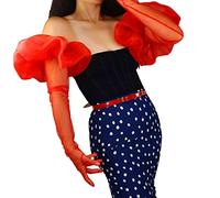 DooWay Extra Long Lace TULLE GLOVES TOUCHSCREEN 28-inch Sexy Polka Dots Black/White Semi Sheer Sun Protection Gloves, Red 90cm-oversize Ruffle Cuffs, Medium