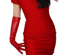 DooWay Long Leather Gloves Women 20" Faux Lambskin Soft Stretch PU for Formal Evening Costume Party Gloves, Red, Medium