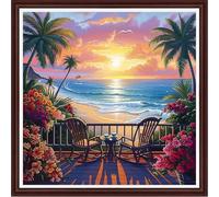 Dooxvey Counted Cross Stitch Kits for Adults 11CT Printed Cross-Stitch Patterns Cross Stitching Embroidery Kit Stamped or Counted Needlepoint Kits-Drinking Tea in Sunset by Seaside 18x18 inch