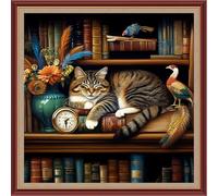 Dooxvey Cross Stitch Kits for Adults Beginners,Full Range of Cross-Stitch Stamped Kits Needlepoint Kits for Beginners Embroidery Kits 11CT Cross Stitch Patterns-Bookshelf Sleeping Cat 18x18 inch