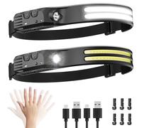 Dopalloy Head Torch Rechargeable 2 Pack - Super Bright Dual LED Strip Headtorch, 230° Wide Beam Headlight with Motion Sensor, USB Battery Powered Headlamp for Fishing, Running, Camping Essentials