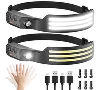 Dopalloy Head Torch Rechargeable - 2 Pack Super Bright Tri LED Strip Headtorch, 230° Wide Beam Headlight with Motion Sensor, USB Battery Powered Headlamp for Running, Fishing, Camping Essentials