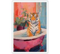 Dopamine Bathroom Poster Maximalist Tiger in A Bath Wall Art Pink Kitsch Decor Aesthetic Trendy Animal Picture Canvas Prints Ready To Hang for Bathroom Restroom Toilet Wall Decor 12x16inch Framed