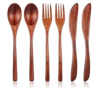 DOPENSPI 6PCS Wooden Utensils for Eating, Nanmu Wooden Tableware Reusable Wood Spoons Forks Scraper Wood Utensil Set Flatware Tableware Cutlery Set for Daily Use Family Home Travel Camping