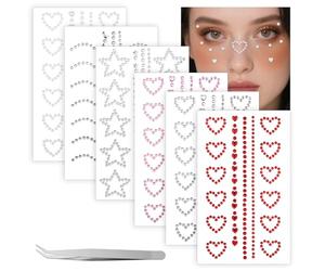 DOPENSPI 6Sheet Face Gems, Self Adhesive 3D Star Heart Moon Shape Face Gems Stickers with Tweezer Facial Jewels Body Gem for Faces Eye Makeup Body DIY Craft