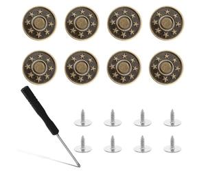 DOPENSPI 8 Pcs Jean Button Pins,17mm Replacement Buttons No-Sew Adjustable Metal Button Pins with Screwdriver for Jeans Pants Clothing Repair