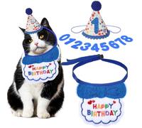 DOPENSPI Cat Birthday Party Supplies, Blue Cat Birthday Hat with Number and Collar Cute Kitten Bandana Party Decorations Outfits for 0-8 years Kitten