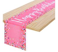 DOPENSPI Polka Dot Pink Happy Birthday Table Runner, 72×13In Pink Birthday Table Runner Seasonal Dining TableDecoration Pinky Birthdays Tablecloth for Women Girls Indoor Outdoor Home Party