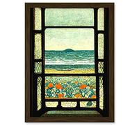 Doppelganger33 LTD A Sea View Seaside Beach Flowers William Morris Artwork Framed Wall Art Print A4