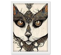 Doppelganger33 LTD Abstract Boho Cat Portrait Illustration Tribal Patterns Artwork Framed Wall Art Print A4