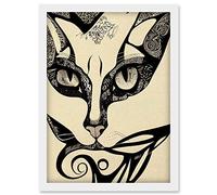 Doppelganger33 LTD Abstract Boho Portrait Cat Sketch Cat Tribal Intricate Artwork Framed Wall Art Print A4