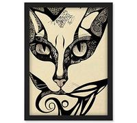 Doppelganger33 LTD Abstract Boho Portrait Cat Sketch Cat Tribal Intricate Artwork Framed Wall Art Print A4