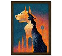 Doppelganger33 LTD Abstract Dog Monument Statue Illustration Teal Orange Artwork Framed A3 Wall Art Print