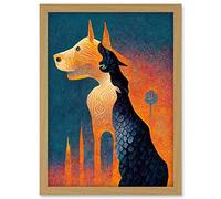 Doppelganger33 LTD Abstract Dog Monument Statue Illustration Teal Orange Artwork Framed A3 Wall Art Print