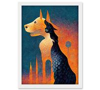 Doppelganger33 LTD Abstract Dog Monument Statue Illustration Teal Orange Artwork Framed Wall Art Print A4