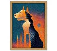 Doppelganger33 LTD Abstract Dog Monument Statue Illustration Teal Orange Artwork Framed Wall Art Print A4