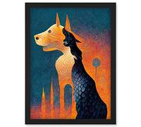 Doppelganger33 LTD Abstract Dog Monument Statue Illustration Teal Orange Artwork Framed Wall Art Print A4