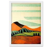 Doppelganger33 LTD Abstract Eclectic Tangerine And Olive Countryside Linocut Illustration Artwork Framed Wall Art Print A4