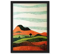 Doppelganger33 LTD Abstract Eclectic Tangerine And Olive Nature Landscape Linocut Illustration Artwork Framed A3 Wall Art Print