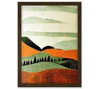 Doppelganger33 LTD Abstract Eclectic Tangerine And Olive Nature Landscape Linocut Minimalism Drawing Artwork Framed Wall Art Print A4