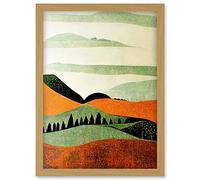 Doppelganger33 LTD Abstract Eclectic Tangerine And Olive Nature Landscape Linocut Minimalism Drawing Artwork Framed Wall Art Print A4