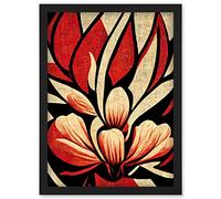 Doppelganger33 LTD Abstract Flowers Design Cream Red Black Vivid Bold Artwork Framed Wall Art Print A4
