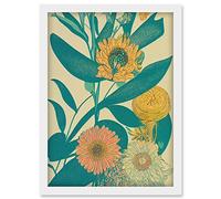 Doppelganger33 LTD Abstract Linocut Boho Hydrangea Flowers In Pastel Greens, Yellows Orange Artwork Framed Wall Art Print A4