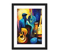 Doppelganger33 LTD Abstract Oil Painting Jazz Blues Musician With Instruments Artwork Framed Wall Art Print 18X24 Inch