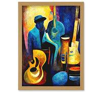 Doppelganger33 LTD Abstract Oil Painting Jazz Blues Musician With Instruments Artwork Framed Wall Art Print A4
