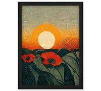 Doppelganger33 LTD Abstract Sunrise Over Poppy Meadow William Morris Style Artwork Framed Wall Art Print A4