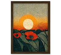 Doppelganger33 LTD Abstract Sunrise Over Poppy Meadow William Morris Style Artwork Framed Wall Art Print A4